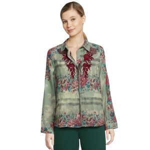 Vintage Goa Floral Embroidered Button-Front Blouse Large 100% Cotton India